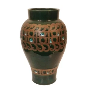 MCM Green Glazed Studio Pottery Ceramic Textured Curvy VTG Vase Italy - Picture 1 of 6