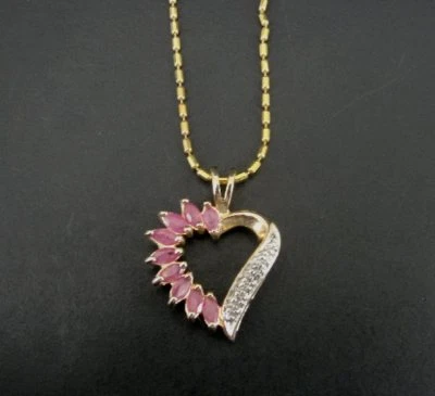 Necklace Gold Vermeil over Sterling Silver Pink Sapphire Stones Pendant Heart - Image 1 of 4