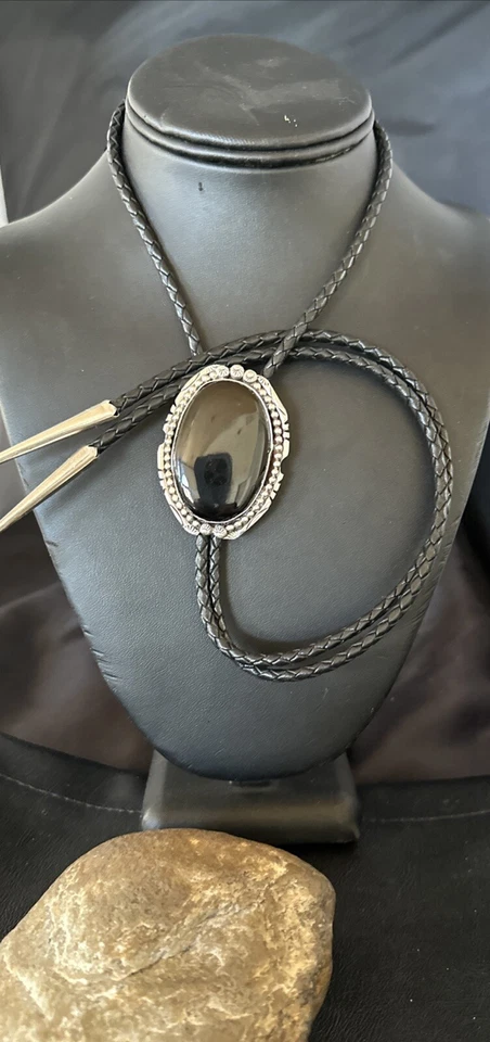 Mens Black Onyx Navajo Sterling Silver Bolo Tie 18663 - Image 1 of 1