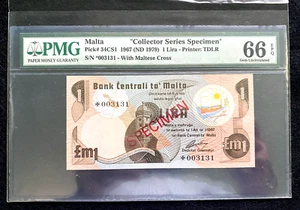 MALTA, BANK CENTRALI 1967 ND (1979) 1 LIRA EXEMPLAR. PMG-66EPQ. P-34CS1. - Bild 1 von 2
