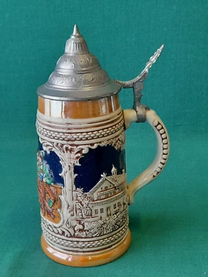 BOCCALE BICCHIERE DA BIRRA IN CERAMICA E TAPPO IN PELTRO VINTAGE GERMANY. BF52 - Immagine 1 di 4