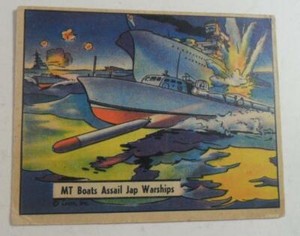 R164 GUM INC WAR GUM #128 "MT BOATS ASSAIL JAPS WARSHIPS" 1942 NON SPORT VGEX