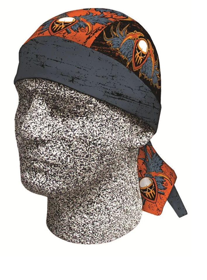 哥特式橙色方头骨火焰头巾 Durag Sweatband Bandanna Capsmith Biker — 第 1/1 张图片