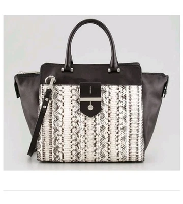 MILLY Makene Black Leather Cream Snakeskin Tote Satchel Crossbody Bag  45 - Image 1 of 4