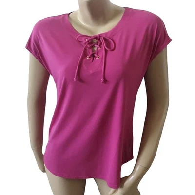 ELLEN TRACY Womens Size Small Pink Polyester Blend Short Sleeve Lace Up Shirt — 第 1/4 张图片