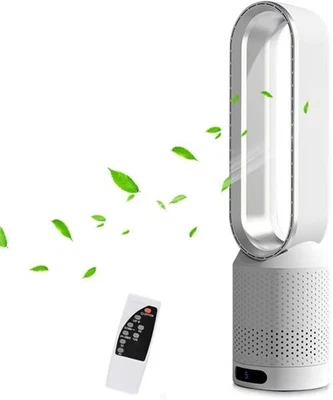 Bladeless Tower Fan 2-in-1 Air Purifier 8-Speed LED Touch Remote Control Silver - Image 1 of 4