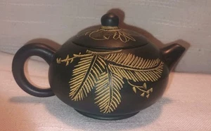 Antique Chinese Yixing Zisha Pottery Purple Clay Teapot Palm Flower Calligraphy - Picture 1 of 10
