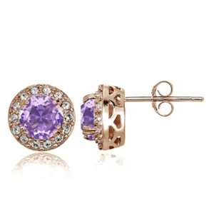 Gold Tone over Silver Simulated Amethyst and CZ Accents Round Halo Stud Earrings - Picture 1 of 4