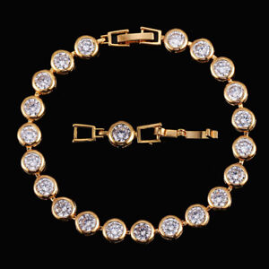 Luxury 18k Gold Cubic Zirconia Women Round Connected Chain Link Bangle Bracelet