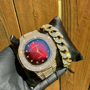 HIP HOP ICED LUXURY SIMULATED DIAMOND BLING OUT WRIST FASHION WATCH BRACELET SET - Picture 1 of 9