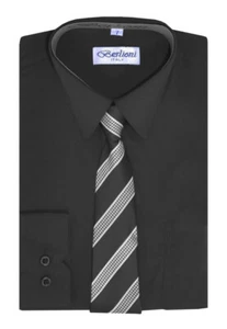 Boys Formal Long Sleeve Kids Black Button Up Dress Shirt Set With Tie - 16 - Picture 1 of 1