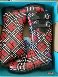 Puddletons Red Plaid Double Strap Rain Boots, Size 8, Faux Fur Lining, - Picture 1 of 4