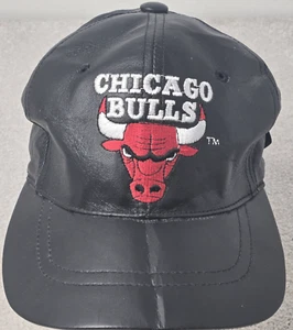 vtg chicago Bulls hat leather Black adjustable nba leathers by universal - Picture 1 of 11
