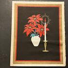 Vtg Christmas Greeting Card Potted Poinsettias White Clay Planter White Candle