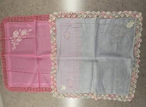 2 PIECE Vintage Lady Handkerchiefs Hankies Pocket Handkerchief  CROCHET LOT #14 - Picture 1 of 3
