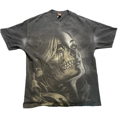 Camiseta artística vintage Y2K OG Abel calavera y mujer XL *manchada* 23,5x31 AOP Foto 1 de 4