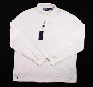 Polo Ralph Lauren Hombres Polo XL Calce Ajustado Lino Manga Larga Blanco $168 NUEVO - Imagen 1 de 7