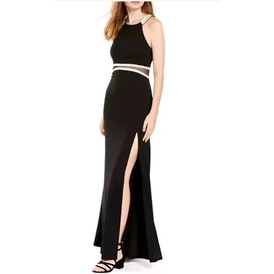 Black High Neck Rhinestone Cutout Maxi Dress with Slit - Image 1 of 4