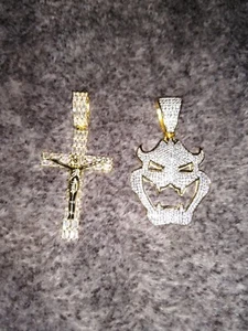 Men's Gold CZ Cross Pendant And Gold CZ Skull Pendant Lot - Picture 1 of 13