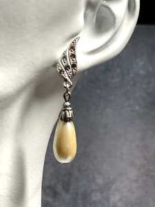 Vintage Earrings Stud Dangle Drop Faux Pearl Cubic Zirconia Silver Tone Metal - Picture 1 of 9