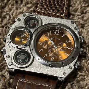 Oulm Men’s Watch Quartz Military Sports Leather Band Wristwatch New Batteries - Picture 1 of 11