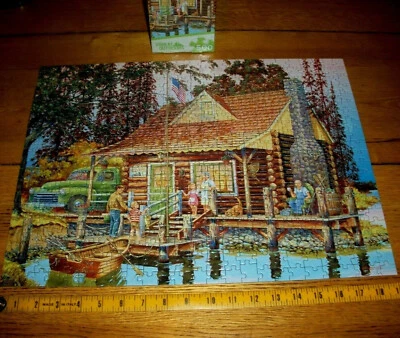 Jigsaw Puzzle 500 Pieces Lakeside Log Cabin Vintage Truck Boat Family Complete - Image 1 of 4