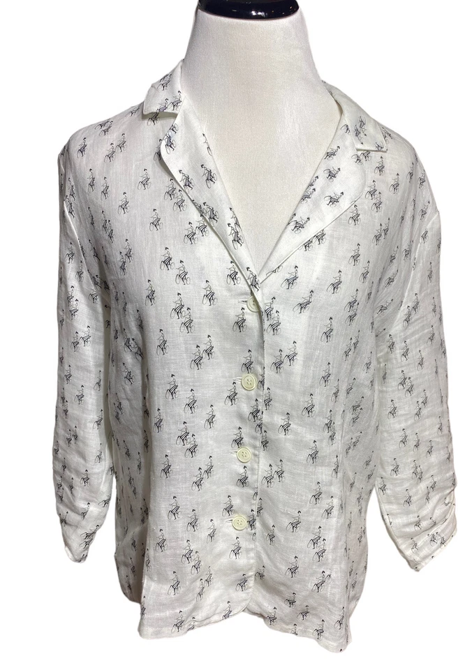Rena Rowan Womens White Linen Parisian Bicycle Print 3/4 Sleeve Size 16 Button - Image 1 of 4
