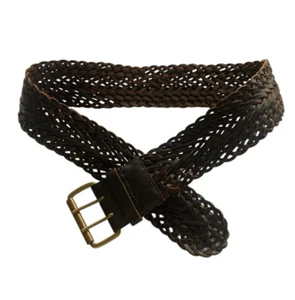 SUNDANCE Leather Belt Woven 2.25" Wide Size S Brown India Boho Brass Buckle - Picture 1 of 5