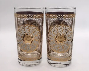VTG Pair Libbey Highball Glasses Hollywood Regency Gold Scroll Frosted Feather  - Imagen 1 de 8
