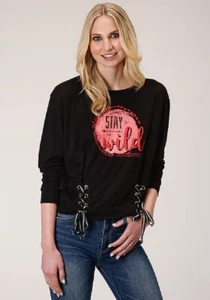 New! Roper Women's Black 'STAY WILD' SHIRT w/ Lace up waistband Size S M L XL - Picture 1 of 3