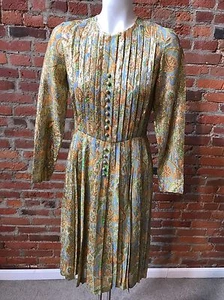 Vintage Rembrandt Bonwit Teller Metallic Gold Paisley Knife Pleated Print Dress - Picture 1 of 6