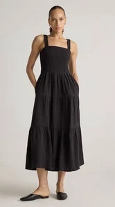 QUINCE Maxikleid Bio Baumwolle Gaze gesmokt ärmellos schwarz große Stufen - Bild 1 von 14