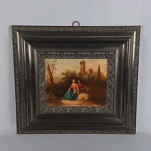 Ancien Tableau Huile Sur Toile Filles Avec Chevre Paysage Château XVIII S. - Imagen 1 de 17