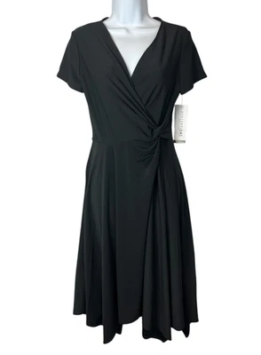 Perceptions Black Jersey Knit Faux Wrap A-line Sheath Dress  Size S  NWT $69 - Image 1 of 4
