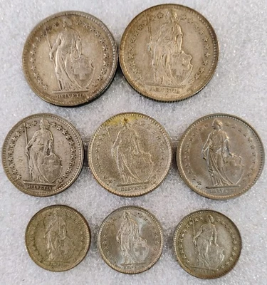 lot of 1/2, 1 + 2 Francs Switzerland Silver Coins 1921, '44, '57, '58, '62, '63, - Image 1 of 4