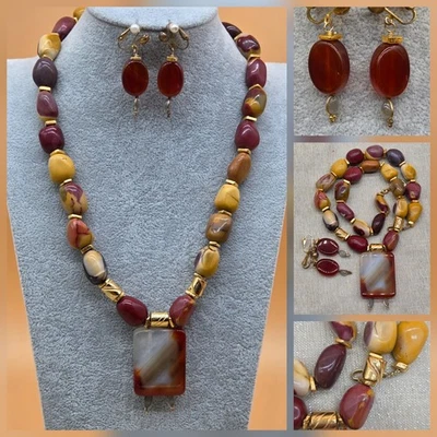 Collar y pendientes colgantes vintage de ágata/cuarzo con cuentas de piedra joya tono dorado Foto 1 de 4