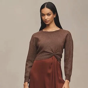 ANTHROPOLOGIE Gemini Metallic Shimmer Sweater Cropped Twist Front Knitwear Large - Picture 1 of 11