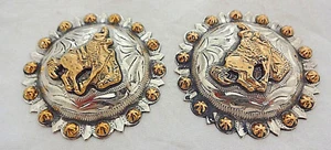 Pair Pico Berry Bronc Horse Conchos Screw Back Silver Plate Hansen Western Gear - Picture 1 of 2