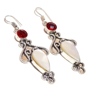 White Mother of Pearl and Red Garnet Gemstone Handcrafted Drop Dangle Earrings - Picture 1 of 3