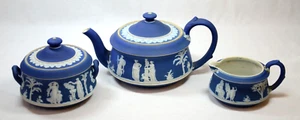 RARE Antique WEDGWOOD Cobalt Blue Jasperware Tea Set Teapot Cream Sugar (JLP) - Picture 1 of 19