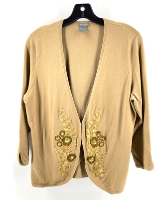 Cardigã Ann Taylor Tan manga 3/4 seda cashmere mistura miçangas suéter tamanho grande - Imagem 1 de 4