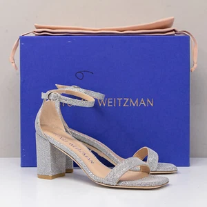 Stuart Weitzman Nudistcurve 75 New Noir Silver Block Heels, Size 6 B - Picture 1 of 8