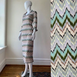 Vintage L 70s Knit Dress Zig Zag Chevron Collared Green Purple Pastel VGUC - Picture 1 of 10