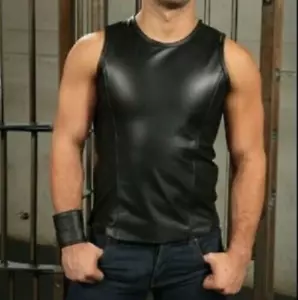 Men's New Genuine Sleeveless Black Leather Sport TankTop Fitted Fetish Shirt - Picture 1 of 4