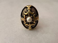 Vintage Gold Perfume Adjustable Ring Fleur de Lis Signed Luzier Cultured Pearl