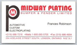 Business Card London ON Midway Plating Bumper & Fender Ltd Frances Robinson