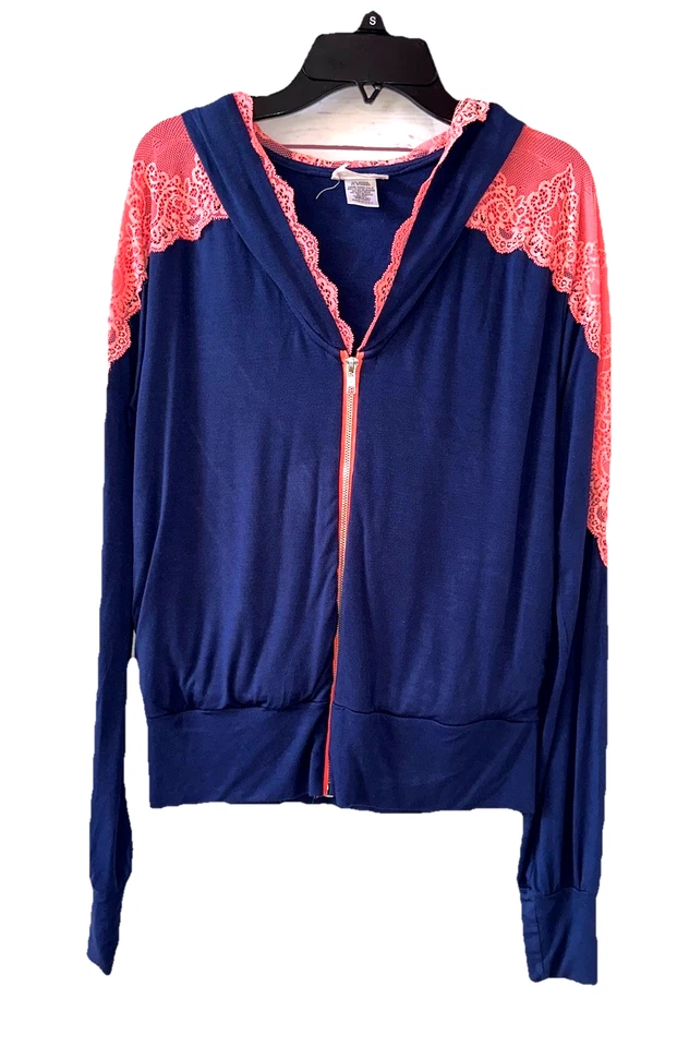 BEACH BUNNY Lounge Size M Lace Trim Full Zip Hoodie Navy Blue Pockets Stretch - Image 1 of 4