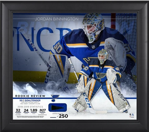 Jordan Binnington Blues Frmd 15 x 17 Rookie Collage & Piece of GU Puck - LE 250 Cover