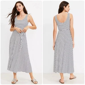 Vestido sin mangas midi a rayas en contraste náutico Loft blanco azul marino talla L playa - Imagen 1 de 10