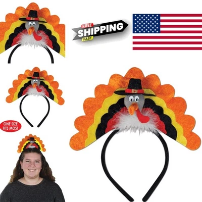 3D Turkey Headband with Colorful Felt Tail and Pilgrim Hat for Fall Celebrations - Image 1 of 4